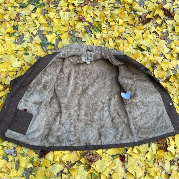 Woolrich Tweed Brown/Tan Utility Coat Barn Jacket Faux Fur lined 6 pockets sz M - Picture 4 of 15